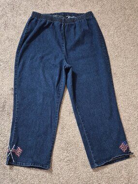 DENIM 24/7 Cropped Blue Jeans w American Flag Bling; Elastic Waist; Size 18W
